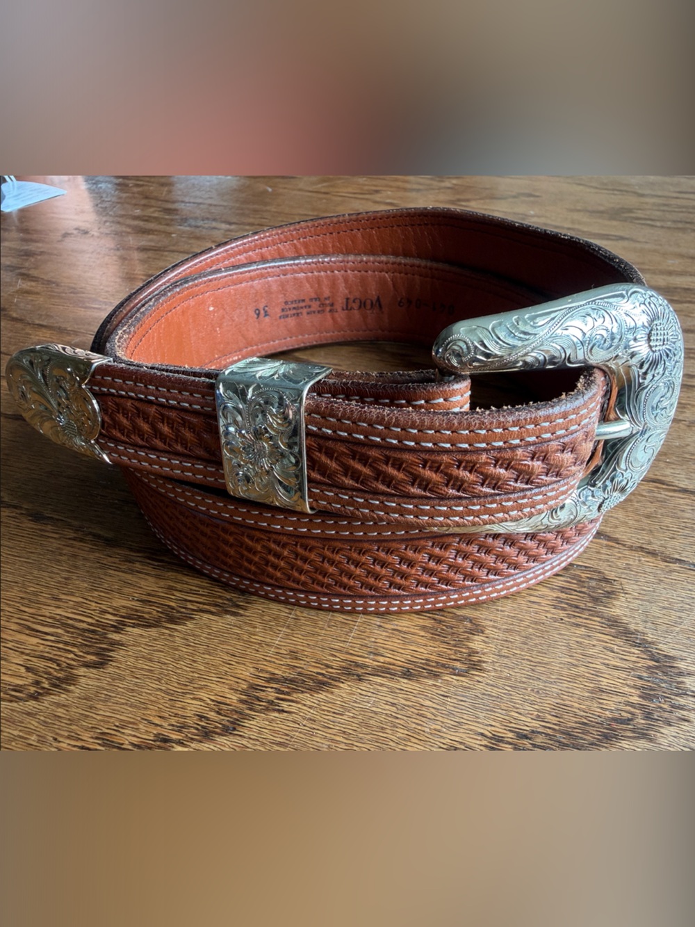 Vogt Solid Sterling Buckle set W/ Tooled Brown Leather Men’s Belt